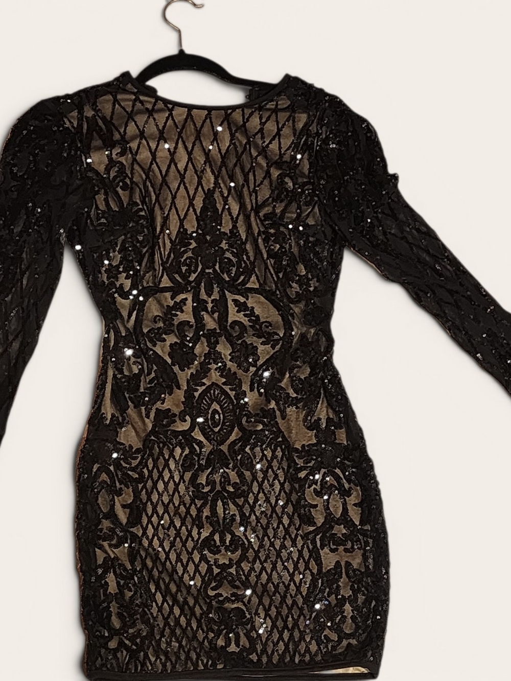 privy Black Sequin Long-Sleeve Lace Overlay Dress
